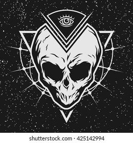 The skull is an alien and all-seeing eye with geometric elements on a dark background.