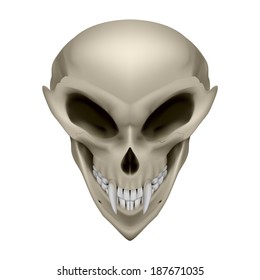 Skull of an alien with fangs on white background
