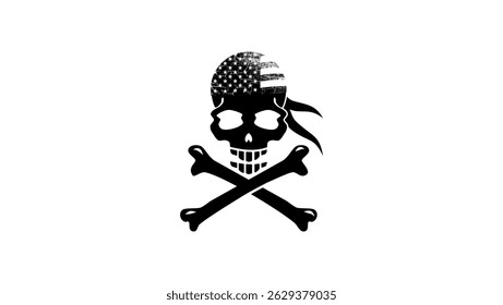 Skull with american flag bandana, black isolated silhouette