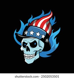 skull with American flag and fire vector art illustration logo design 