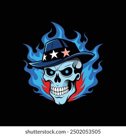 skull with American flag and fire vector art illustration logo design 