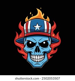 skull with American flag and fire vector art illustration logo design 