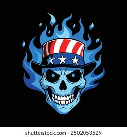 skull with American flag and fire vector art illustration logo design 