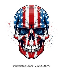 Skull with american flag in grunge style, independence day veterans day 4th of July and memorial day.