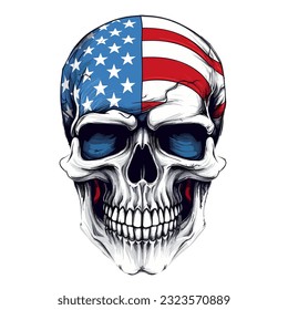 Skull with american flag on white background, independence day veterans day 4th of July and memorial day.