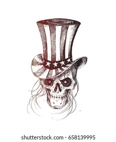 Skull with American Hat July 4th, Hand Drawn Sketch Vector illustration.