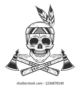 Skull of american indian tribe with tomahawk logo. Vector illustration in monochrome style