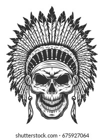 Skull of american indian. Wild West theme. Monochrome style. Isolated on white