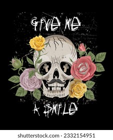 Skull among the bright peonies on a dark background. Lots of bright colors. Suitable for printing on T-shirts, posters, covers, books, tickets. Give me a smile