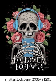 Skull among the bright peonies on a dark background. Lots of bright colors. Suitable for printing on T-shirts, posters, covers, books, tickets. Skull vector. Human skeleton with phone