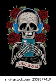 Skull among the bright peonies on a dark background. Lots of bright colors. Suitable for printing on T-shirts, posters, covers, books, tickets. Human skeleton with phone