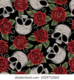 Calavera entre las peonías brillantes sobre un fondo oscuro. Muchos colores brillantes. Adecuado para imprimir en camisetas, afiches, portadas, libros, entradas. Vector de cráneo. Fondo de cuchara y rosas