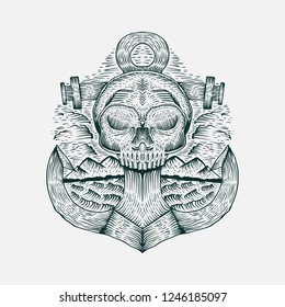 skull anchor hand drawn vector illustration