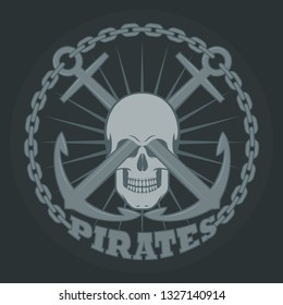 Skull with anchors rays and text on a dark background.
