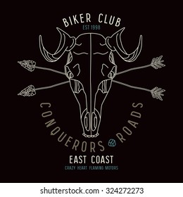 Skull animal biker club emblem in thin line style. Graphic design for t-shirt. Color print on black background