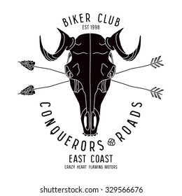 Skull animal biker club emblem. Graphic design for t-shirt. Black print on white background