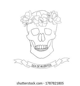 Skull anphase in rose wreath banner hand drawn graphic ink sketch stock vector illustration for web, for print