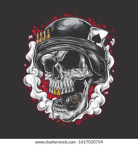 Skull army cartoon bite grenade wearing military helmet