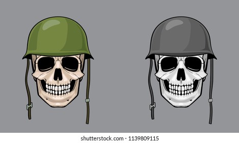 skull in army helmet, colorful and greyscale