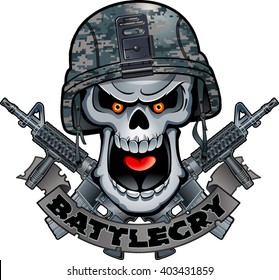 skull with army helmet crossing assault rifles and banner with text battlecry