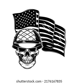 Skull In Army Helmet On Usa Flag Background. Soldier Skull. Design Element For Poster, Card, Banner, Sign. Vector Illustration