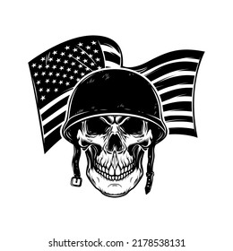 Skull In Army Helmet On Usa Flag Background. Soldier Skull. Design Element For Poster, Card, Banner, Sign. Vector Illustration