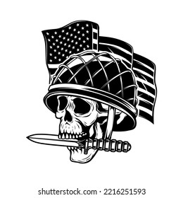 Skull In Army Helmet On Usa Flag Background. Soldier Skull. Design Element For Poster, Card, Banner, Sign. Vector Illustration