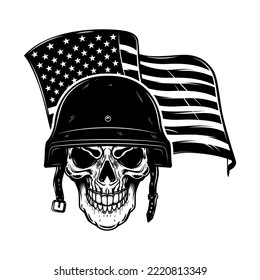 Skull In Army Helmet On Usa Flag Background. Soldier Skull. Design Element For Poster, Card, Banner, Sign. Vector Illustration