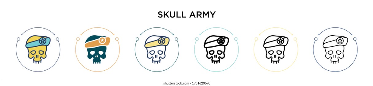 Icono del ejército de cráneo en estilo relleno, delgado, contorno y trazo. Ilustración vectorial de dos íconos vectores de cráneo de color y negro se pueden usar para móviles, ui, web