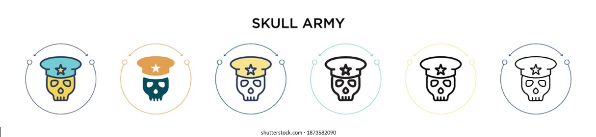 Icono del ejército de cráneo en estilo relleno, delgado, contorno y trazo. Ilustración vectorial de dos íconos vectores de cráneo de color y negro se pueden usar para móviles, ui, web