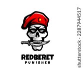 Skull army with red beret biting knife logo design vector