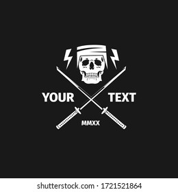 Schädelarmee mit zwei überquerenden Samurai und Blade-Vektorgrafik-Logo. Verwendung für Tatoo-, Logo- und T-Shirt-Design mit Vintage-Stil.