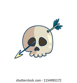 Skull with arrow in the head and eye. Cute halloween love character. Colored doodle day of the dead cartoon symbol