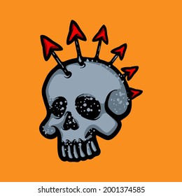 Skull with arrow mohawk vector concept. Spooky illustration isolated on orange background
