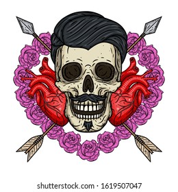 Skull with arrows, hearts and pink roses. Valentine skull. Illustration for Valentine's day