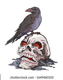 Skull Art With a crow on top,  pop art illustration design hand drawn style vector on a white background.