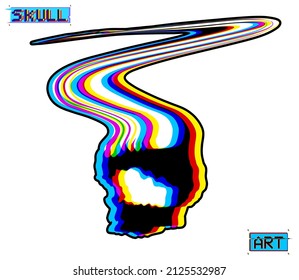 Skull Art. Glitch deformed vector skull silhouette in CMYK color mode offset channels in the style of misprints and vintage paper misprints.