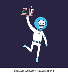 Skull astronaut with burger and drink, illustration for t-shirt, sticker, or apparel merchandise. With doodle, retro, and cartoon style.