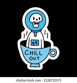 Skull astronaut chill out on cup of coffee, illustration for t-shirt, sticker, or apparel merchandise. With doodle, retro, and cartoon style.