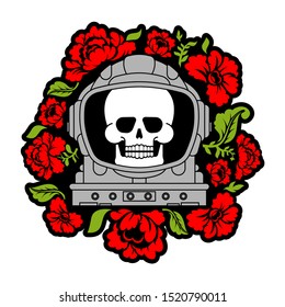 Skull in Astronaut helmet And flowers. Death in spacesuit And roses. Skeleton head in spaceman helmet. Cosmic tattoo vector illustration
