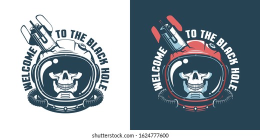 Skull In Astronaut Helmet With Stumbled Space Rocket. Spaceman Skeleton - Vintage Logo. Vector Illustration.