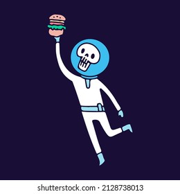 Skull astronaut holding burger on space, illustration for t-shirt, sticker, or apparel merchandise. With doodle, retro, and cartoon style.