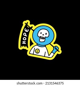 Skull astronaut holding flag with hope typography, illustration for t-shirt, sticker, or apparel merchandise. With doodle, retro, and cartoon style.