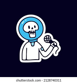 Skull astronaut holding mic and singing, illustration for t-shirt, sticker, or apparel merchandise. With doodle, retro, and cartoon style.