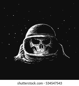 Skull astronaut in outer space.Travel in cosmos.Vector illustration