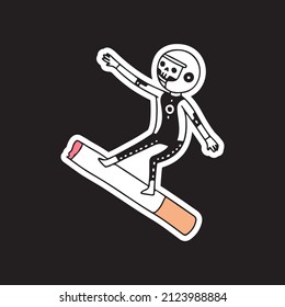 Skull astronaut ride a cigarette, illustration for t-shirt, sticker, or apparel merchandise. With doodle, retro, and cartoon style.