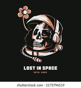 skull in astronaut space protective helmet with flower vintage design