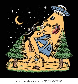 skull attacked by ufo while camping illustration