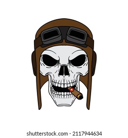 skull aviator smoking cigar vector graphic illustration