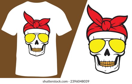 Skull with Aviator Sunglasses T-Shirt Design for Men and Women, Vector Illustration.